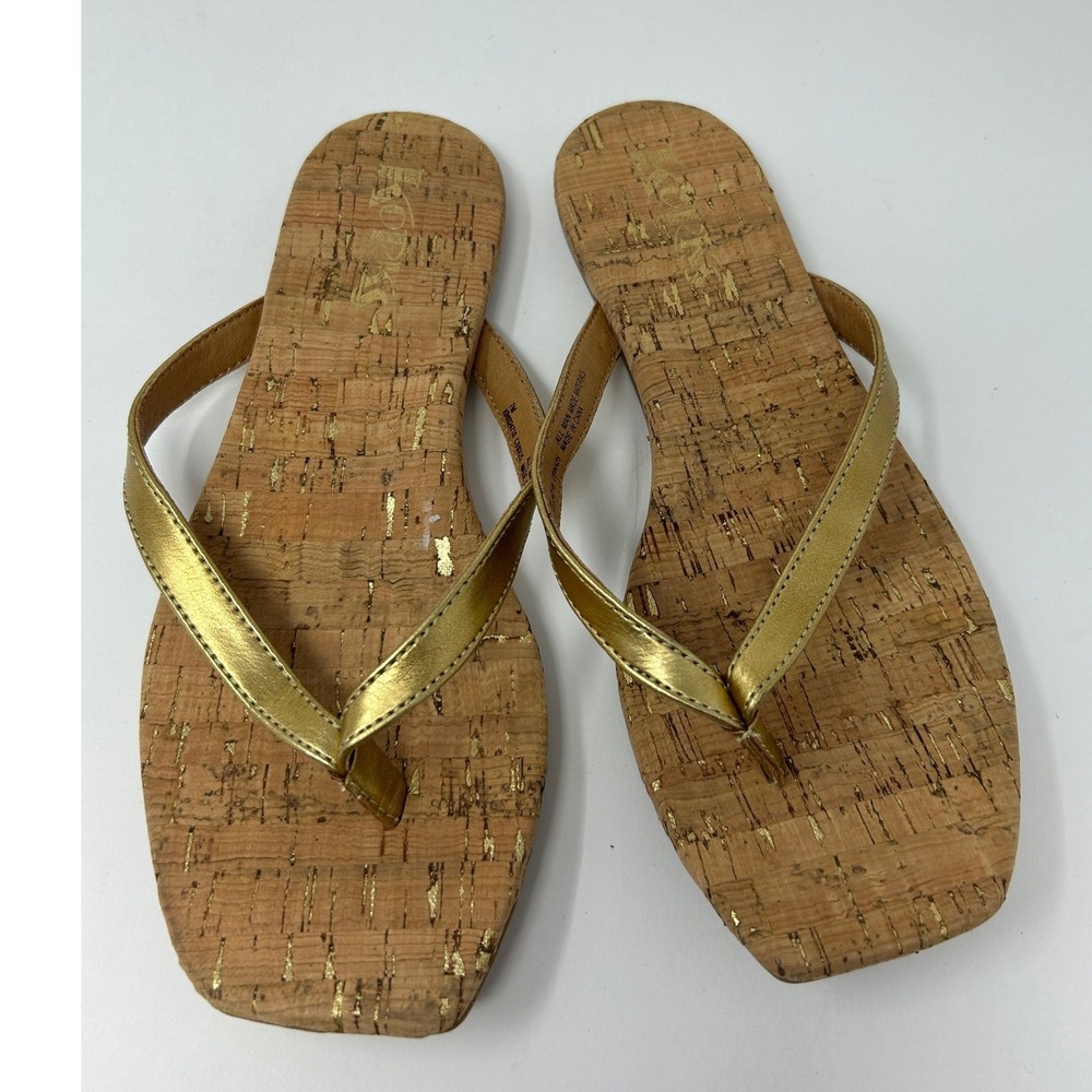 Korks Womens Gold Metallic Cork Square Toe Thong Sandals Flip Flops Size 7M